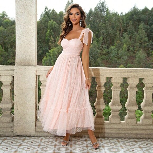 Dresses & Skirts - Powder Pink Polka Dot Tulle Maxi Dress XL Coquette Feminine Romantic Balletcore
